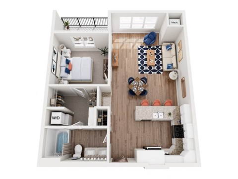 Floor plan for 1 bed, 1 bath, 838 sqft